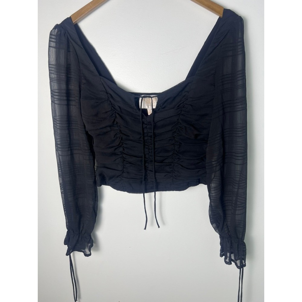 Audrey Parks Francesca's Crop Top M Black Sheer Ruched Smock Tie Front Cottage‎